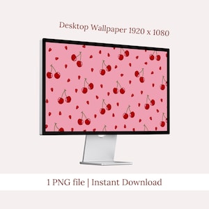 May include: A computer monitor displays a pink desktop wallpaper with a pattern of red cherries and small red seed shapes. The text "Desktop Wallpaper 1920 x 1080" is at the top, and "1 PNG file | Instant Download" is at the bottom.