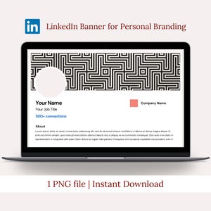 Op de afbeelding: Een laptopscherm met een LinkedIn banner template voor personal branding. Het ontwerp heeft een geometrisch zwart-wit patroon, een placeholder voor een profielfoto en secties voor naam, functietitel en bedrijfsnaam. De tekst "LinkedIn Banner for Personal Branding" staat bovenaan.