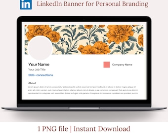 May include: A laptop screen displays a LinkedIn banner template for personal branding. The banner features a floral design with orange flowers and green leaves. The template includes placeholders for a name, job title, and company name, along with the text "500+ connections" and "About".