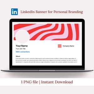 May include: A laptop displays a LinkedIn banner design with a red and pink wavy pattern. The banner includes placeholders for a name, job title, and company name. The text "LinkedIn Banner for Personal Branding" is at the top.