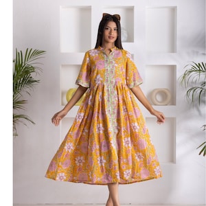 Floral Baumwolle Midi Kleid, Urlaubskleid, Block Print Sommer Outfit, Boho Strandkleid