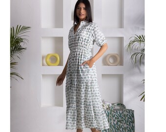 Floral Cotton Vacation Dress, Block Print Sundress, Beach Vacation Outfit, Lightweight Summer Dress