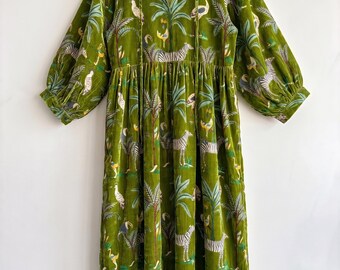 Dark Green Safari Print Dress, Hand Block Print Cotton Maxi Dress, Handmade Boho Dress, Artisan Resort Wear, Relaxed Summer Holiday Dress