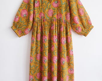 Mustard Yellow Cotton Floral Dress, Handmade Block Print Dress, Long Sleeve Boho Midi Dress, Resort Wear Outfit
