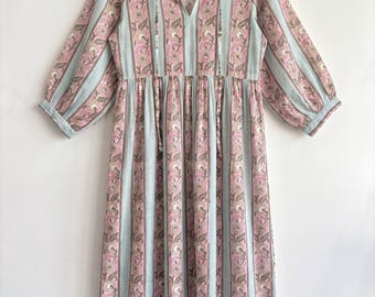 Sage Pink Floral Dress | Cotton Cambric Maxi Dress, Pastel Boho Dress, Long Sleeve Summer Dress, Romantic Vacation Wear