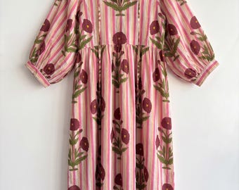 Pink Stripe Hand Block Print Cotton Midi Dress, Maroon Floral Boho Dress, Long Sleeve Summer Dress, Handmade Indian Dress