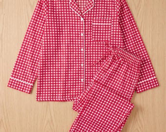 Red Gingham Pajama Set, Checkered Button Down Sleepwear, Women's Two Piece Lounge Set, Cozy Nightwear