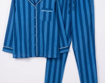 Blue Cotton Pajama Set, Striped Pajamas for Women, Button Up Sleepwear, Blue Lounge Set, Cotton Nightwear, Comfortable PJs