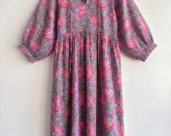 Pink Botanical Cotton Dress, Hand Block Print Midi Dress, Relaxed Bohemian Dress, Women's Vacation Outfit