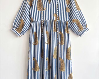 Blue Striped Leopard Dress | Cotton Maxi Dress, Animal Print Summer Dress, Long Sleeve Boho Vacation Outfit