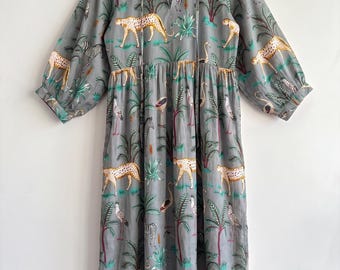 Grey Maxi Dress, Hand Block Print Cotton Dress, Botanical Safari Dress, Bohemian Cotton Dress, Loose Resort Wear for Women