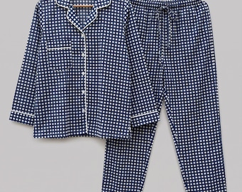 Navy Check Cotton Pajamas, Women's Two Piece Sleep Set, Classic Gingham Nightwear, Relaxed Lounge Outfit