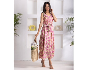Hand Block Printed Cotton Dress: Floral Sleeveless Summer Outfit