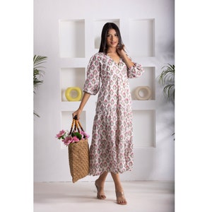 Handgemachtes Maxikleid aus Baumwolle mit Blockprint / Boho Sommer Kaftan