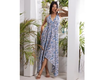 Floral Cotton Maxi Dress, Vacation Dress, Sleeveless Beach Outfit, Block Print Summer Dress