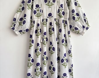 White Purple Floral Cotton Midi Dress, Hand Block Print Boho Dress, Princess Seam Dress, Summer Vacation Dress, Resort Wear