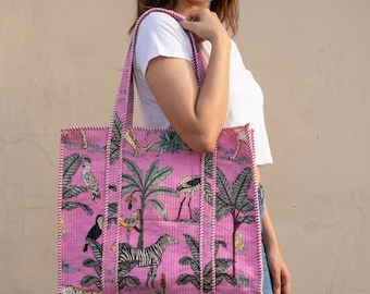 Jungle printed Quilted Tote Bag: Indian Block Print Boho Shoulder Bag Vacation Travel Bridesmaid bags