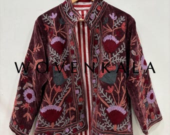 Handmade Suzani Embroidered Velvet Jacket: Boho Festival Coat