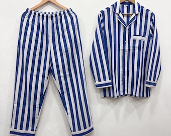 Blue Striped Cotton Pajama Set, Women's Long Sleeve Sleepwear, Button Up Lounge Set, Comfortable Two Piece Nightwear