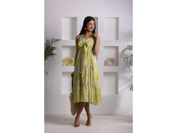 Hand Block Printed Midi Dress: Yellow Daisy Floral, Bow Tie, Tiered Hand Block Printed Midi Dress: Yellow Daisy Floral, Bow Tie, Tiered