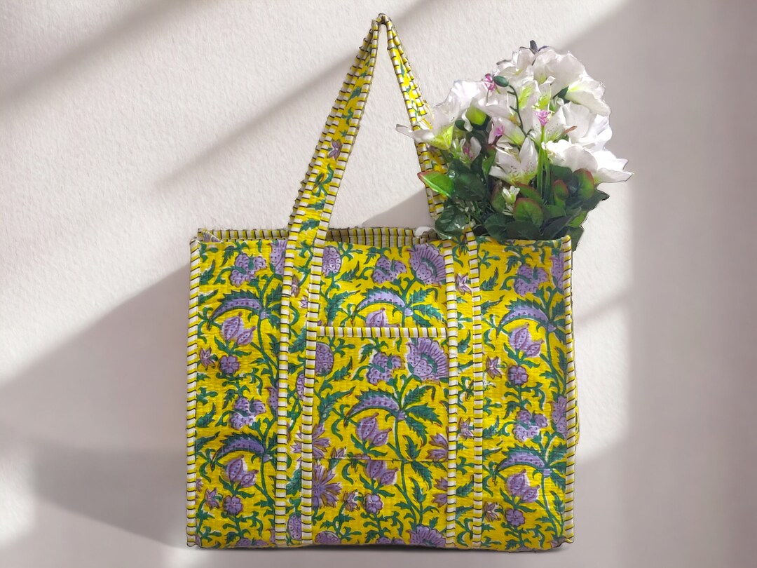 Cotton Block Print Tote Bag - Handcrafted Eco-Friendly Indian Artisan Bag blue floral main image 1