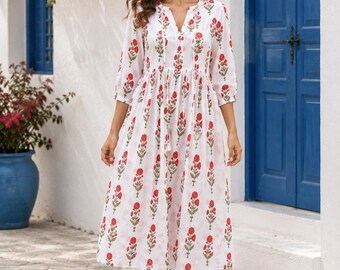 White Floral Block Print Cotton Midi Dress, Handmade Indian Dress, Puff Sleeve Boho Summer Dress, Cottagecore Dress