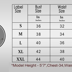 May include: Size chart for clothing, featuring bust, waist, and hip measurements in inches. Sizes range from S to XXL. The chart includes a model's height and measurements. The brand logo "WOVEN KALA JAIPUR" is also visible.