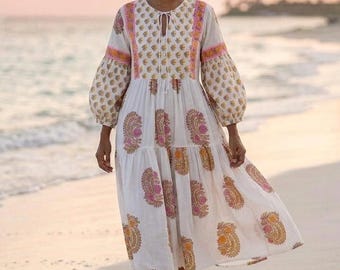 Hand Block Printed Cotton Dress: Floral Indian Summer Wear