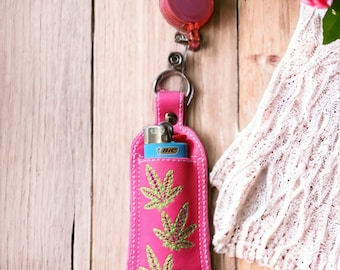 Embroidered Leaf Lighter Keychain, Marine Vinyl Holder