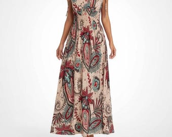 Summer dress with paisley print, maxi dress, wrap style, dress with adjustable straps, turquoise, fitted - Bohemian Paisley Indie