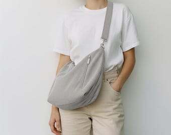 XXL Crossbody Bag Corduroy, Light Grey, Fanny Pack, Crossbody Bag, Shoulder Bag Grey, Space-Saving Cotton