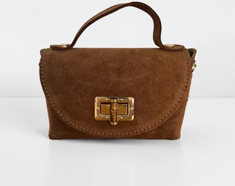 Mini suede handbag, crossbody bag, shoulder bag for women, suede cross bag, suede bag, leather bag, cognac brown - gold