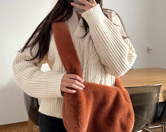 Faux fur crossbody bag, fluffy teddy bear fur bag, women's plush shoulder bag, cozy everyday bag, brown crossbody bag