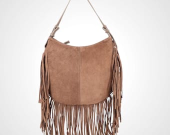 Bolsa feminina de camurça com franjas – Bolsa de ombro boho feita de 100% camurça, bolsa hobo com zíper, 35 x 30 cm