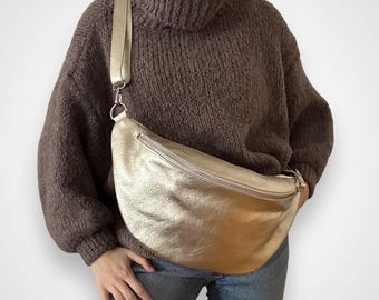 XL Crossbody Bag Leather, Crossbag Gold, Leather Bag Women, Women&#39;s Shoulder Bag, Belt Bag Gold, XL Bum Bag Leather, Cross Body Bag, Gold