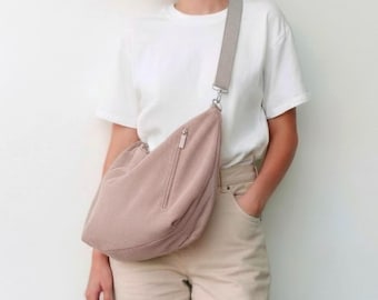 XXL Crossbody Bag Corduroy, Corduroy Bag, Pink Fanny Pack, Crossbody Bag, Shoulder Bag in Dusty Rose, Spacious Cotton