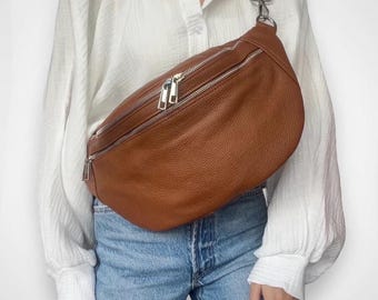 XL Crossbody Bag Leather with Extra Compartment, Ladies Leather Bag, Large Shoulder Bag, Belt Bag, Gift for Her, XL Bum Bag Leather, Premium