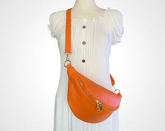 Große Bauchtasche Leder Orange mit goldenem Reißverschluss, Ledergurt, Umhängetasche, Geschenke Damen, Gürteltasche, Crossbag, Hüfttasche