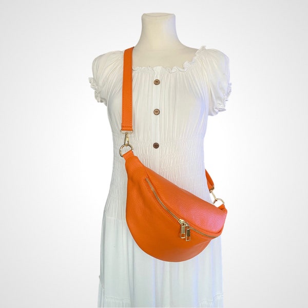 Große Bauchtasche Leder Orange mit goldenem Reißverschluss, Ledergurt, Umhängetasche, Geschenke Damen, Gürteltasche, Crossbag, Hüfttasche