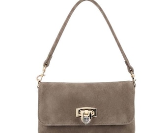 Bolsa pequena de camurça para mulheres – mini bolsa de ombro com aba, alça curta e corrente longa, bolsa elegante para a noite.