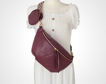 XL crossbody bag, set, vegan leather, purple crossbag, fanny pack, half moon bag, gold zipper, bag strap and wallet