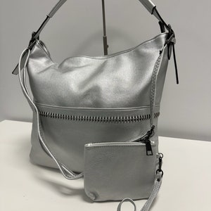 DAVY Handtasche Set, Hobo bag, Schultertasche, Henkeltasche, Umhängetasche,Slouchy Bag, mit Portemonnaie, große Tasche, Braun Silber
