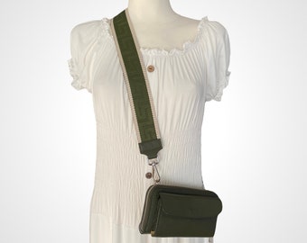 Leder Handytasche, Portemonnaie, Khaki Grün, 2 in 1 Umhängetasche, Crossbody Bag,Damen Geldbeutel,Crossbody Bag mit Wechselgurt, Brieftasche