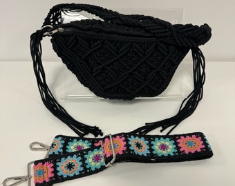 Makramee Tasche, geflochtene Bauchtasche, Damen Umhängetasche, Boho Bauchtasche, Schultertasche, Crossbody bag mit Wechselgurt, Schwarz