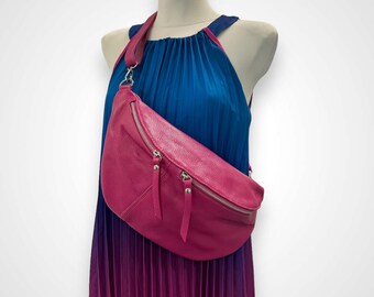 XL Leder Crossbody Bag, Crossbag Leder, Umhängetasche, Cross Body bag, Ledertasche damen, Leder Bauchtasche, 2 Fächer, Pink