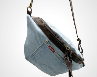 sac jeans fusil vintage, sac à bandoulière, sac bandoulière jeans, cuir brun authentique, upcycling, sac de ventre durable, sac en cuir, unique 7