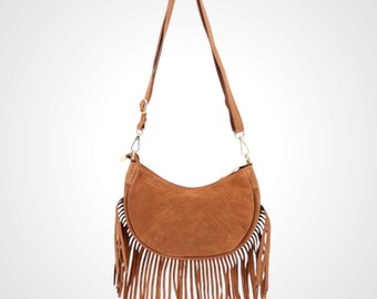 Bolsa de ombro feminina em camurça com franjas – Bolsa pequena estilo boho, ideal para festivais, feita 100% em camurça, com fecho de zíper.
