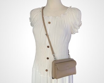 Sac de téléphone portable en cuir portefeuille beige 2 en 1 sac à bandoulière, sac crossbody, sac à main pour femme, cadeau pour elle, sac crossbody, portefeuille