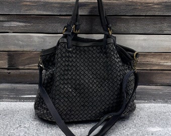 Braided handbag, buttery soft luxury leather, crossbody bag, hobo bag, shoulder bag, woven bag, tote bag, shoulder bag, black