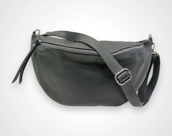 XL crossbody tas leer, crossbag kaki grijs, leren tas dames, dames schoudertas, heuptas, XL heuptasje leer, crossbody tas grijs